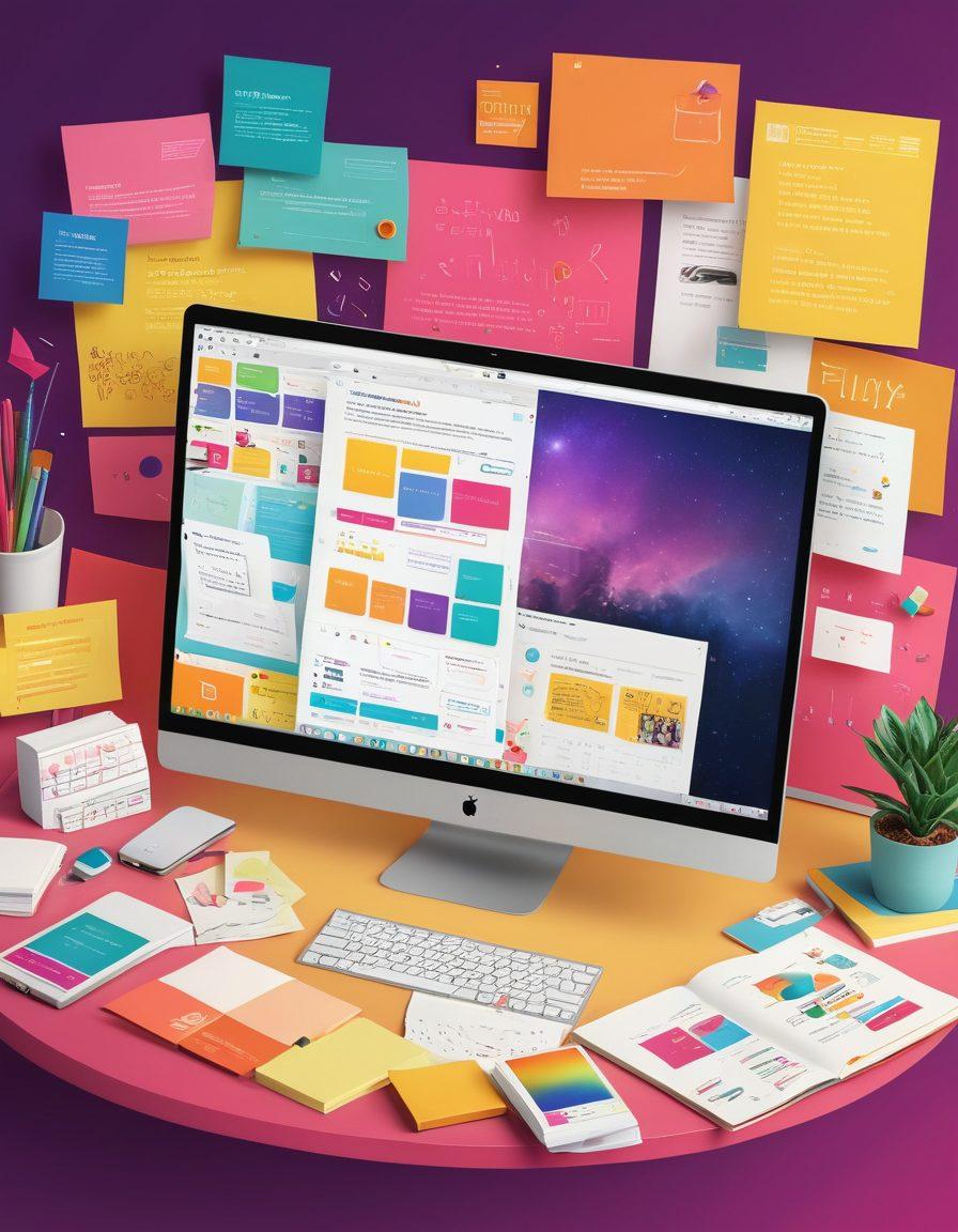 A vibrant workspace filled with colorful UI components and interactive elements, showcasing a user joyfully manipulating these components on a sleek computer interface. Include sticky notes and sketches scattered around for a creative feel, with jsPlumb library logos subtly integrated into the design. Bright, engaging colors to foster creativity. vector art. vibrant colors. digital aesthetic.