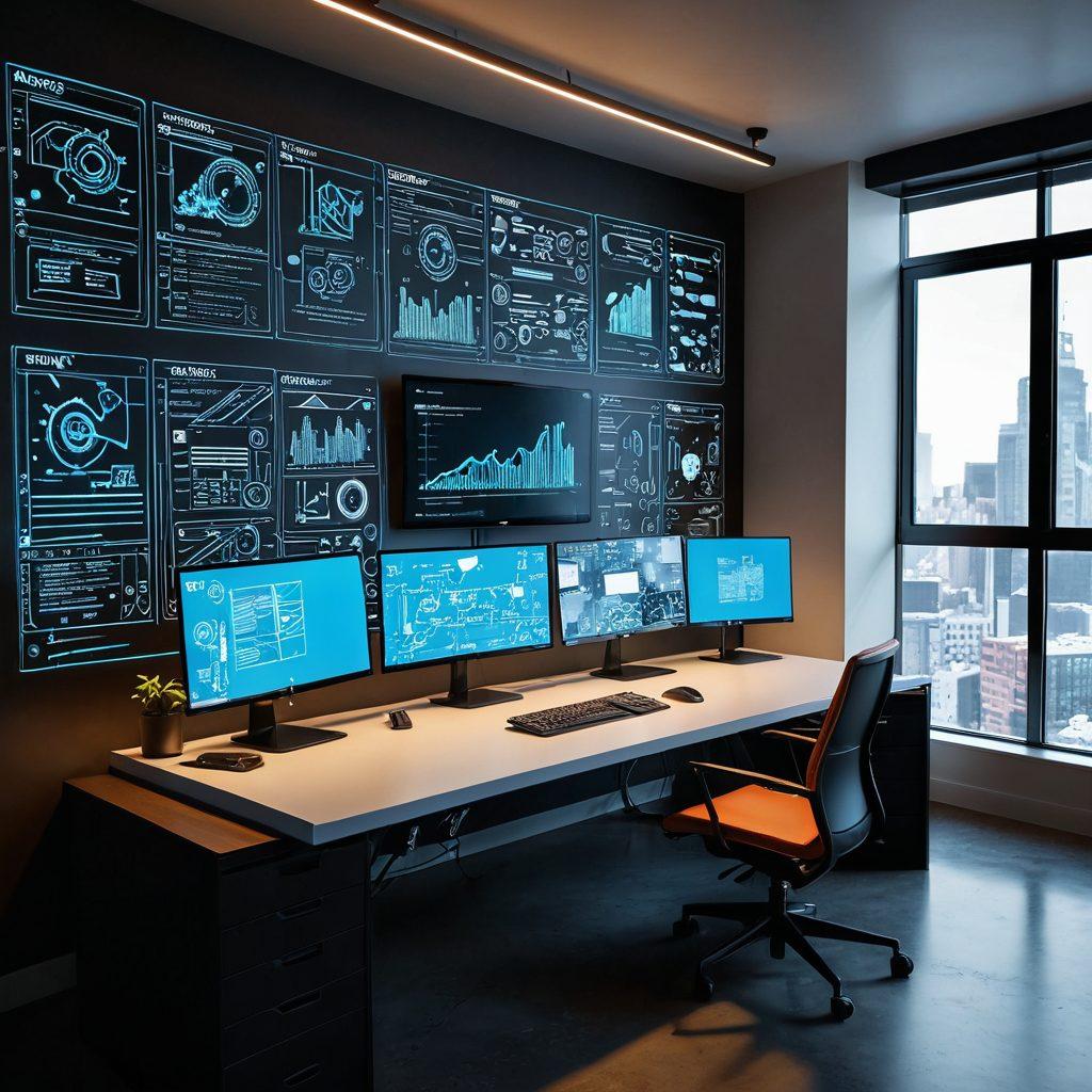 A sleek, modern workspace showcasing a large digital screen displaying vibrant dynamic diagrams and interactive web components. Include a creative professional interacting with the interface, with elements of code flowing visually around the workspace. The atmosphere should be energetic and inspiring, with scattered design tools and sketches on a stylish desk. Use bright colors and a futuristic aesthetic for an innovative feel. super-realistic. vibrant colors. 3D.